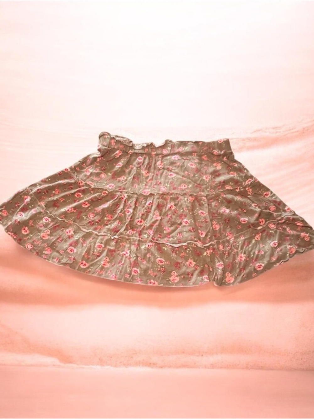 Justify Beige Floral Tiered Skater Skirt with Pink Rose Print